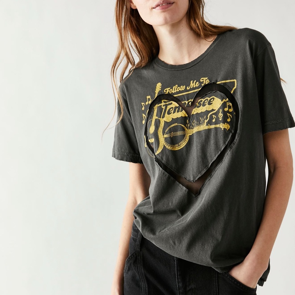 Free People Charcoal Tee with Subtle Gold Detail